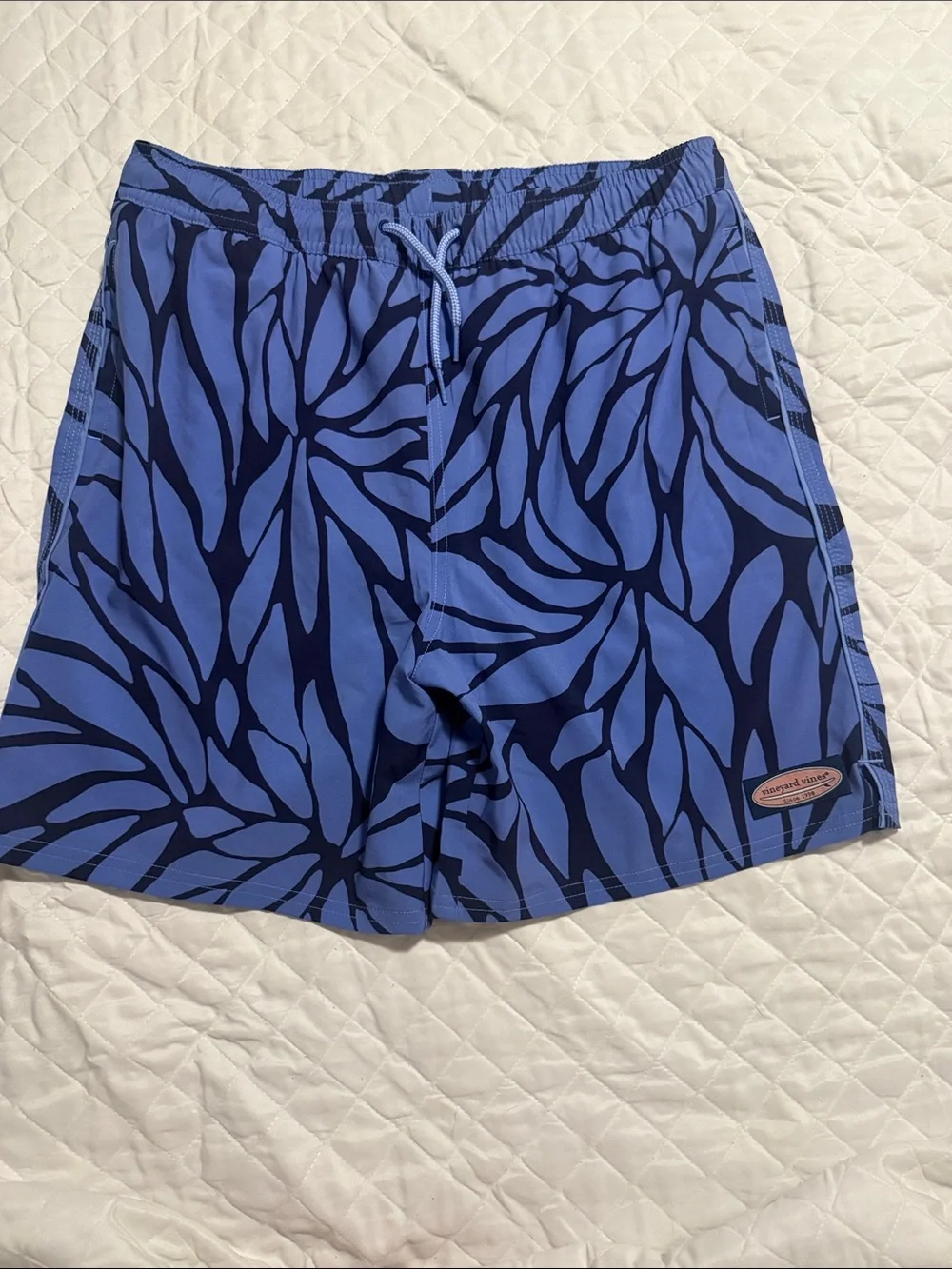 Vineyard Vines Blue Abstract Leaf-Print Swim Trunks